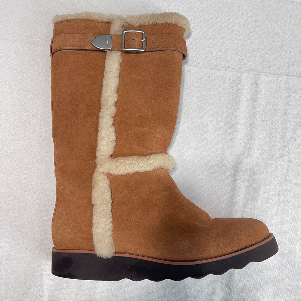 Coach Belmont Suede Faux Shearling Womens Boots Saddle Brown size 9